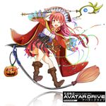  boots broom broom_riding cape copyright_name fang full_body heart jack-o'-lantern kousoku_kidou_avatar_drive okutomi_fumi one_eye_closed open_mouth orb red_eyes red_hair reflection scepter skirt skirt_set solo spell sword watermark weapon white_background 