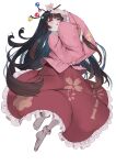  1girl absurdres arm_up bamboo_print blush branch brown_hair commentary full_body hand_on_own_chin highres hime_cut holding holding_branch houraisan_kaguya japanese_clothes jeweled_branch_of_hourai kararage_tsune kimono long_hair long_sidelocks long_skirt looking_at_viewer no_shoes open_mouth pink_shirt red_eyes red_skirt shirt sidelocks simple_background skirt sleeves_past_fingers sleeves_past_wrists socks solo tabi touhou very_long_hair white_background white_socks wide_sleeves 