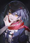  1boy absurdres androgynous black_hair blue_jacket blue_necktie bright_pupils collared_shirt fangs hair_between_eyes hand_up hashtag-only_commentary highres jacket knowa looking_at_viewer male_focus mashiro_meme mashiro_meme_(1st_costume) nail_polish necktie nijisanji open_clothes open_jacket open_mouth red_nails red_scarf scarf shirt short_hair short_sleeves smile solo upper_body white_pupils white_shirt yellow_eyes 