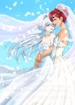  2girls artist_name blue_eyes blue_sky commentary_request dress elbow_gloves falling_petals gloves grey_eyes gundam gundam_suisei_no_majo highres jewelry kanesada_keishi miorine_rembran multiple_girls off-shoulder_dress off_shoulder open_mouth petals red_hair ring sky smile strapless strapless_dress suletta_mercury thick_eyebrows watermark wedding_dress wedding_ring white_dress white_gloves white_hair wife_and_wife yuri 