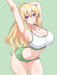  1girl armpits arms_up blonde_hair blush breasts choujigen_game_neptune cleavage english_commentary green_background green_shorts hair_ornament hair_scrunchie highres large_breasts looking_at_viewer navel neptune_(series) paid_reward_available ponytail purple_eyes scrunchie short_shorts shorts simple_background solo sports_bra vert_(neptunia) zatsu 
