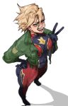  1girl alternate_costume animification blonde_hair blue_bodysuit bodysuit captain_marvel carol_danvers earrings from_above green_eyes green_jacket hand_on_own_hip highres jacket jewelry kbuuumm5 marvel open_clothes open_jacket short_hair solo superhero_costume two-tone_bodysuit v white_background 