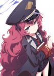 1girl black_shirt black_skirt blue_archive book closed_mouth collarbone collared_shirt fluffy_hair hair_between_eyes halo hat highres holding holding_book iroha_(blue_archive) jacket long_hair looking_at_viewer loose_necktie military_hat military_jacket mukai necktie open_hand peaked_cap pencil_skirt purple_eyes purple_halo red_hair red_necktie shirt simple_background skirt slit_pupils smile solo wavy_hair white_background 