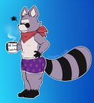 an0malyz3r0 anthro belly berry beverage big_tail black_body black_markings black_nose blue_background boxers_(clothing) clothing coffee coffee_mug detailed_background exhausted facial_markings food fruit fur hand_on_hip head_markings hi_res indigo_park kerchief male mammal markings pattern_clothing pattern_underwear plant procyonid purple_body purple_clothing purple_ears purple_eyes purple_fur purple_underwear raccoon rambley_raccoon red_kerchief side_view simple_background slightly_chubby solo striped_markings striped_tail stripes tail tail_markings underwear wide_hips
