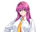  1girl aqua_eyes blue_eyes blush breast_pocket breasts closed_mouth collared_shirt frown gentle_sasaki hair_between_eyes long_hair long_sleeves looking_at_viewer necktie non-web_source pink_hair pocket shindou_hatsune shirt solo soukou_senki_prism_reica transparent_background upper_body v-shaped_eyebrows white_shirt yellow_necktie 