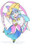  1girl :d anbe_masahiro bell blue_eyes blue_hair character_request copyright_request full_body gradient_clothes gradient_hair gradient_skirt hat highres leaf long_eyelashes long_hair multicolored_hair pale_skin skirt sleeves_past_fingers sleeves_past_wrists smile solo wide_sleeves yellow_hat 