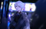  1boy black_sweater blue_eyes blurry blurry_background closed_mouth commentary earrings film_grain grey_jacket highres hood hood_down hooded_jacket hoop_earrings indie_utaite jacket jewelry light_smile looking_at_viewer male_focus mano_aaa mask mask_around_neck open_clothes open_jacket respirator short_hair solo sou_(utaite) sweater swept_bangs turtleneck turtleneck_sweater upper_body utaite white_hair 
