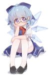  1girl absurdres ahoge bespectacled black-framed_eyewear black_shoes blue_bow blue_dress blue_eyes blue_hair bow cirno closed_mouth dress elbow_rest full_body glasses gumingdi_ban hair_bow head_rest highres ice ice_wings knees_to_chest looking_at_viewer mary_janes neck_ribbon pantyhose puffy_short_sleeves puffy_sleeves red_ribbon ribbon semi-rimless_eyewear shoes short_hair short_sleeves simple_background sitting solo thighband_pantyhose touhou under-rim_eyewear white_background white_pantyhose wings 