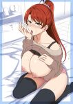  1girl aiue_oka azuma_kyouko black_thighhighs blush bra breasts brown_sweater clothes_lift cum cum_on_body cum_on_hands facial highres large_breasts licking licking_hand long_hair looking_at_viewer nipples official_art on_bed open_mouth panties pink_bra pink_panties pink_scrunchie ponytail red_hair ribbed_sweater scrunchie sweater thighhighs tongue tongue_out underwear yellow_eyes yumemiru_otome 
