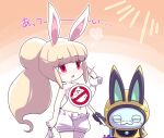  1girl animal_ears blonde_hair blush breasts closed_eyes collarbone fake_animal_ears ghost ghostbusters gloves half-closed_eyes helmet large_breasts logo_parody long_hair navel no_symbol nollety open_mouth ponytail rabbit_ears rabbit_girl red_eyes shorts sidelocks simple_background snowrabby space_helmet spacesuit topless_female usapyon whisper_(youkai_watch) wrist_cuffs youkai_(youkai_watch) youkai_watch youkai_watch_3 