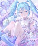  1girl absurdres anniversary balloon blue_eyes blue_hair bow commentary crescent crescent_hair_ornament english_commentary fishnet_thighhighs fishnets food-themed_hair_ornament frilled_shirt frills gradient_hair hair_between_eyes hair_ornament hairclip happy_birthday hatsune_miku heart_balloon highres long_hair looking_at_viewer multicolored_hair multicolored_skirt musical_note pink_bow powa_(36iii) purple_hair purple_shoes shirt shoes single_fishnet_legwear single_sock single_thighhigh skirt socks solo spring_onion_hair_ornament star_(symbol) star_hair_ornament thighhighs twintails very_long_hair vocaloid white_shirt white_socks white_thighhighs 