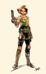  1girl arm_at_side bare_shoulders belt boots breasts cleavage desert_eagle fingerless_gloves flipped_hair full_body gloves gun handgun highres holding holding_gun holding_weapon holster knee_pads medium_breasts meryl_silverburgh metal_gear_(series) metal_gear_solid official_art red_hair shinkawa_youji short_hair smile solo standing tank_top thigh_holster thigh_strap trigger_discipline weapon 