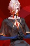  1boy blue_eyes chest_jewel earrings eyeshadow eyeshadow_under_eye fate/grand_order fate_(series) gradient_hair hair_ornament hair_over_one_eye highres jewelry karna_(fate) karna_(fgo_fes._2025)_(fate) makeup male_focus medium_hair multicolored_hair own_hands_together pale_skin red_background red_eyeshadow red_hair shirt siyemmm solo upper_body white_hair 