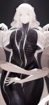 1girl absurdres black_skin bone colored_skin eurica_(ub1mo) exposed_bone extra_arms highres joints multicolored_skin original ribs robot_girl robot_joints see-through_body skeleton solo two-tone_skin ub1mo white_hair white_skin 