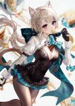  1girl animal_ear_fluff animal_ears black_gloves black_leotard black_pantyhose blue_bow blush bow breasts cat_ears cat_girl cleavage commentary cup facial_mark genshin_impact gloves grey_hair hand_up highres holding holding_cup huge_bow kity1211_tetsu leotard long_hair long_sleeves looking_at_viewer lynette_(genshin_impact) medium_breasts pantyhose parted_lips purple_eyes solo star_(symbol) star_facial_mark teacup twitter_username very_long_hair white_wrist_cuffs wrist_cuffs 