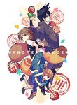  4boys black_hair brothers brown_hair club_(shape) copyright_name daruma_doll denim diamond_(shape) ebira family frog hands_in_pockets heart hug japanese_clothes jeans kimono mother_(uchouten_kazoku) mother_and_son multiple_boys pants pompadour raccoon_tail shimogamo_yaichirou shimogamo_yajirou shimogamo_yasaburou shimogamo_yashirou short_hair shorts siblings smile spade_(shape) tail tanuki uchouten_kazoku vest wavy_mouth 