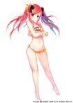  bad_id bad_pixiv_id bangs bare_arms bikini blush bracelet eyebrows_visible_through_hair front-tie_top full_body jewelry long_hair looking_at_viewer navel original red_eyes red_hair simple_background solo standing swimsuit tenmitsu_yuka twintails 