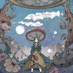  1girl album_cover bare_shoulders bare_tree blonde_hair blue_robe bow breasts chain cloud cover cross-laced_clothes cross-laced_dress deer_head detached_sleeves dress english_text feet_out_of_frame floral_print flower frilled_dress frilled_sleeves frills from_below highres holding holding_mushroom ichika_nito key lace-trimmed_sash lace-trimmed_shirt lace_trim leaf long_sleeves looking_up medium_hair mushroom mushroom_umbrella muted_color no_pupils noka_works open_clothes open_robe original outdoors plant red_bow robe shirt small_breasts solo standing tree very_long_robe vines waist_bow white_shirt witch_print yellow_dress 