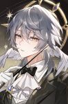  1boy absurdres ascot black_background black_bow black_bowtie black_jacket bow bowtie commentary earrings gloves grey_hair hair_between_eyes hashtag-only_commentary highres holding holding_wand honkai:_star_rail honkai_(series) jacket jewelry knowa looking_at_viewer parted_lips portrait short_hair solo sunday_(honkai:_star_rail) sunday_(star_rail_live_2025)_(honkai:_star_rail) wand watermark white_ascot white_gloves wing_collar yellow_eyes 