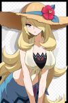  1girl absurdres bikini bikini_under_clothes blonde_hair blue_sarong breasts brown_hat crop_top cynthia_(pokemon) cynthia_(summer_2025)_(pokemon) flower flower_hat grey_eyes hair_over_one_eye hat hat_flower highres large_breasts long_hair navel official_alternate_costume pokemon pokemon_masters_ex sarong shabana_may shirt solo straw_hat sun_hat sweat sweatdrop swimsuit tied_shirt very_long_hair very_sweaty wet 