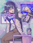  1boy :d belt black_shirt blue_eyes blue_hair blue_scarf blush brown_pants charm_(object) chibi chibi_inset cursor hair_between_eyes highres jacket k1ui1 kaito_(vocaloid) kaito_(vocaloid3) male_focus multicolored_shirt open_clothes open_jacket pants pixel_art revealing_layer scarf shirt short_hair sitting smile solo vocaloid window_(computing) 