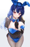  1girl absurdres alternate_costume animal_ear_hairband animal_ears arm_behind_back black_gloves black_jacket blue_bow blue_bowtie blue_hair blue_hat blue_leotard blush bow bowtie breasts closed_mouth commentary_request detached_collar fake_animal_ears gloves gradient_background grey_background grey_pantyhose hairband hat highres iizunamaru_megumu jacket large_breasts leotard long_hair long_sleeves looking_at_viewer meimei_(meimei89008309) pantyhose playboy_bunny rabbit_ears red_eyes smile solo strapless strapless_leotard tokin_hat touhou white_background 