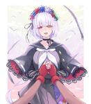  2girls assault_lily bird black_capelet black_cardigan black_choker black_gloves black_hairband black_ribbon black_sailor_collar black_serafuku black_shirt black_skirt blue_flower blunt_bangs blush border bow_hairband brown_gloves buttons capelet cardigan choker cloud commentary_request cowboy_shot crying crying_with_eyes_open day elbow_gloves falling_feathers feathers female_pov fingerless_gloves floral_print flower flower_wreath gloves gradient_sky green_flower hair_ribbon hairband half-closed_eyes hands_up head_wreath heterochromia highres holding_hands kondou_misaka lace-trimmed_capelet lace-trimmed_skirt lace_trim layered_sleeves long_hair long_sleeves looking_at_viewer low_ponytail mila_(yuta27315) miniskirt multiple_girls neck_ribbon neckerchief nose_blush open_cardigan open_clothes open_mouth outdoors outside_border own_hands_clasped own_hands_together pink_eyes pink_sky pleated_skirt ponytail pov pov_hands print_skirt purple_flower purple_sky raised_eyebrows red_capelet red_flower ribbon ribbon_choker sailor_collar school_uniform serafuku shirt skirt sky standing tears three-quarter_sleeves two-sided_capelet two-tone_gloves very_long_hair white_border white_flower white_neckerchief yamaguchi_chihiro_(assault_lily) yellow_eyes yellow_sky 