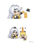  2girls animal_ear_fluff animal_ears black_shoes black_shorts blonde_hair blush bow brown_gloves chibi chibi_only closed_mouth commentary fingerless_gloves flying_sweatdrops food food_on_head fruit fruit_on_head full_body gloves green_eyes grey_hair highres hue_oo jacket ju_fufu long_hair multicolored_hair multiple_girls multiple_views object_on_head open_mouth orange_(fruit) orange_eyes purple_bow shoes short-sleeved_jacket short_sleeves shorts simple_background smile socks standing sweatdrop symbol-only_commentary tail tail_bow tail_ornament tiger_ears tiger_girl tiger_tail twitter_username two-tone_hair very_long_hair white_background white_hair white_socks yellow_jacket yixuan_(zenless_zone_zero) zenless_zone_zero 