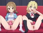  2girls :d bar_censor black_socks black_sweater blonde_hair blush breasts brown_eyes brown_hair censored chiwino clothes_lift collared_shirt commentary_request couch grin hand_up happy indoors jacket knees lass_(pokemon) lifting_own_clothes long_hair multiple_girls open_clothes open_jacket open_mouth pink_skirt pokemon pokemon_oras pokemon_xy pussy shirt short_twintails skirt skirt_lift smile socks spread_legs steaming_body sweater teeth twintails upper_teeth_only white_shirt white_socks 