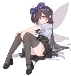  1girl absurdres black_hair black_ribbon black_shoes black_skirt black_thighhighs blue_bow bow closed_mouth fairy_wings full_body gumingdi_ban hair_bow head_tilt high-waist_skirt highres long_hair looking_at_viewer mary_janes neck_ribbon panties ribbon shirt shirt_tucked_in shoes sidelocks simple_background skirt smile solo star_sapphire thighhighs touhou underwear very_long_hair white_background white_panties white_shirt wings yellow_eyes 