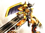  armor claws digimon digimon_adventure gauntlets greaves helmet horns monster no_humans red_hair short_hair shoulder_pads solo spikes sword wargreymon weapon 