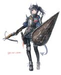  1girl absurdres alternate_costume arknights armor artist_name black_horns black_pantyhose blue_tail boots character_name closed_mouth commentary crossbow english_commentary franlol full_body grey_boots grey_hair helmet highres holding holding_crossbow holding_shield holding_weapon horns knee_pads liskarm_(arknights) looking_at_viewer orange_eyes pantyhose quiver shield short_hair side_ponytail sidelocks simple_background solo standing weapon white_background 