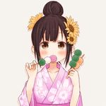  black_hair blush brown_eyes dango dennou_usagi eating floral_print flower food hair_bun hair_flower hair_ornament japanese_clothes kimono original pink_kimono sanshoku_dango short_hair solo sunflower wagashi yukata 