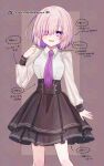  1girl :d absurdres blush breasts character_request collared_shirt colored_inner_hair commentary_request cowboy_shot fate/grand_order fate_(series) hair_over_one_eye harukappa high-waist_skirt highres looking_at_viewer mash_kyrielight mash_kyrielight_(fgo_fes._2025) multicolored_hair necktie open_mouth pink_hair pleated_skirt purple_eyes purple_necktie shirt short_hair skirt sleeve_cuffs smile solo translation_request 