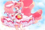  1girl aihira_(aihira12) animal_ears blue_sleeves bow bowtie brown_bag cake closed_mouth cloud cowboy_shot cure_whip day dot_nose dress dress_bow earrings eyelashes floppy_ears food food-themed_clothes food-themed_hair_ornament frilled_dress frilled_sleeves frills fruit gloves hair_ornament hairband happy holding holding_wand jewelry kirakira_precure_a_la_mode kirarin_(precure) light_blush long_hair looking_at_object magical_girl orange_eyes outdoors petticoat pink_bow pink_bowtie pink_hair pom_pom_(clothes) pom_pom_earrings precure puffy_short_sleeves puffy_sleeves rabbit_ears rabbit_girl rabbit_tail red_hairband short_dress short_sleeves smile solo sparkle strawberry strawberry_brooch strawberry_shortcake tail tareme usami_ichika very_long_hair waist_bag wand white_dress white_gloves 
