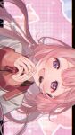  1girl :d artist_name black_shirt blurry blurry_background blush bow bowtie brown_cardigan cardigan chromatic_aberration collared_shirt double-parted_bangs earpiece hair_between_eyes hands_up hashtag-only_commentary heart highres jacket kaburagi_(pnoir087) lapels long_hair long_sleeves looking_at_viewer low_twintails microphone nijisanji open_clothes open_jacket open_mouth own_hands_together pink_background pink_hair plaid_bow plaid_bowtie plaid_clothes purple_eyes red_bow red_bowtie school_uniform selene_girls_school_uniform shirt sidelocks sideways sleeves_past_wrists smile solo sparkle suo_sango suo_sango_(1st_costume) teeth twintails twitter_username upper_body upper_teeth_only virtual_youtuber watermark white_jacket 