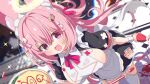  1girl absurdres apron black_dress blurry blurry_background blush bow breasts commission dress food garter_straps hair_bow hair_ornament halo highres holding holding_food ketchup_bottle large_breasts long_hair looking_at_viewer maid omelet omurice open_mouth original pink_bow pink_hair red_eyes shiro9jira sideboob skeb_commission smile solo thighhighs waist_apron white_apron white_thighhighs 