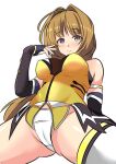  1girl absurdres arm_behind_back ass_visible_through_thighs bare_shoulders black_gloves blue_eyes blush breasts brown_hair cameltoe choukou_(alicesoft) choukou_sennin_haruka closed_mouth crotch_seam elbow_gloves fingerless_gloves fishnets gloves hair_intakes highres large_breasts long_hair looking_at_viewer medium_breasts no_pants panties shirt simple_background smile solo spread_legs takamori_haruka thighhighs underwear user_vfpt8527 very_long_hair white_background white_panties white_thighhighs yellow_shirt 