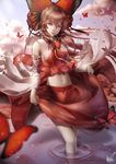  absurdres brown_eyes brown_hair bug butterfly butterfly_hair_ornament cloud cloudy_sky dated detached_sleeves hair_ornament hair_tubes hakurei_reimu highres insect leung_lik_hang long_hair reflection sky solo standing standing_on_liquid touhou water 