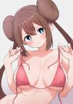  1girl aqua_eyes armpit_crease bikini blush breasts brown_hair closed_mouth collarbone donut_hair_bun double_bun fingernails grey_background hair_bun highres holding holding_swimsuit holding_unworn_clothes kamidan large_breasts long_hair looking_at_viewer pink_bikini pokemon pokemon_bw2 rosa_(pokemon) solo swimsuit twintails undone_bikini unworn_swimsuit 