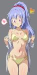  1girl absurdres bare_shoulders bikini blush breasts grey_background grey_jacket hair_ornament hair_scrunchie highres jacket long_hair looking_at_viewer medium_breasts metaminegl navel open_clothes open_jacket original pink_eyes ponytail purple_hair scrunchie side-tie_bikini_bottom simple_background smile solo spanish_commentary swimsuit yellow_bikini 