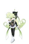  1girl :o akatsuki_gomoku apple_inc. back_bow black_pantyhose boots bow detached_sleeves frilled_skirt frills full_body fur_collar fur_cuffs green_eyes green_hair headgear headphones highres layered_skirt long_hair macintosh macne_nana_petit macne_series miniskirt multicolored_bow negative_space official_art one_side_up pantyhose platform_boots second-party_source shirt skirt strapless strapless_shirt tachi-e transparent_background very_long_hair white_boots 