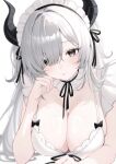  1girl absurdres arm_rest black_bow black_horns black_ribbon blush bow breasts cleavage commentary dress dress_bow elbow_rest frilled_dress frilled_hairband frills grey_eyes grey_hair hair_over_one_eye hair_ribbon hairband hand_on_own_cheek hand_on_own_face hand_up head_tilt highres horns large_breasts long_hair looking_at_viewer lying maid_headdress mole mole_under_eye namedango_(uouodango) neck_ribbon on_stomach original parted_lips ribbon simple_background solo very_long_hair white_background white_dress white_hairband 