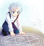  1boy black_shoes blue_eyes blue_pants chalk_drawing child closed_mouth commentary_request dirt drawing_(action) kuroda_(kuro_yyy) madou_monogatari madou_monogatari_ars magic_circle male_focus outdoors pants plant puyopuyo schezo_wegey shirt shoes short_hair smile solo squatting suspenders white_hair white_shirt 