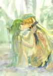  1boy 1other androgynous arabian_clothes blonde_hair cropped_vest earrings econemereasso enkidu_(fate) face-to-face fate/grand_order fate_(series) gilgamesh_(caster)_(fate) gilgamesh_(fate) green_hair hair_between_eyes head_chain highres jewelry kingu_(fate) long_hair open_mouth other_with_male purple_eyes red_eyes short_hair tattoo topless_other turban vest wading water wet wet_hair 