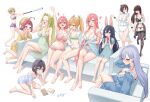  6+girls :t animal_ears apron aqua_dress artist_name babydoll baseball_bat black_garter_straps black_panties black_thighhighs blonde_hair blue_eyes blue_hair blue_panties blue_shirt bow bra brown_hair bygin character_request closed_eyes crossed_legs dress eating eiai_nano facing_another fake_animal_ears garter_straps green_babydoll green_bow green_bra green_nightgown green_panties hair_bow hair_over_eyes hanazono_hahari hanazono_hakari haraga_kurumi highres holding holding_baseball_bat holding_hands inda_karane kakure_meme kimi_no_koto_ga_dai_dai_dai_dai_daisuki_na_100-nin_no_kanojo long_hair maid_apron meido_mei metal_baseball_bat multiple_girls navel open_mouth panties pout purple_eyes purple_hair purple_shorts purple_sports_bra rabbit_ears shirt short_sleeves shorts sitting sports_bra standing stomach sutou_iku swinging_baseball_bat thighhighs tongue underwear utsukushisugi_mimimi watermark yakuzen_kusuri yawning yoshimoto_shizuka 