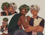  2boys 8wnqt artist_self-insert baxter_ward black_eyes black_shirt blue_shorts blush chibi chibi_inset clenched_teeth constricted_pupils drawn_heart green_hair green_tank_top hair_between_eyes highres holding holding_marker initial kneeling knees_up looking_at_viewer main_character_(our_life) male_focus marker multiple_boys multiple_views on_ground our_life our_life:_beginnings_and_always shirt short_hair shorts sitting swept_bangs tank_top teeth two-tone_shirt white_shirt yaoi 
