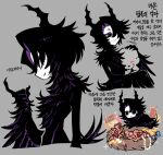  1girl 1other baby_animal bird bird_tail black_eyes black_feathers black_hair black_wings chick claws coin colored_inner_hair colored_skin commentary_request feather_hair feathered_wings feathers gold_coin grey_background hair_over_one_eye harpy headpat highres horns hug kakke666 korean_commentary korean_text looking_at_viewer mammon_(kakke666) monster_girl multicolored_hair multiple_views nest original purple_hair simple_background tail translation_request treasure white_skin winged_arms wings 