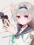  1girl adjusting_hair blue_hairband blue_pupils blue_sailor_collar blush bow bowtie cellphone closed_mouth firefly_(honkai:_star_rail) firefly_(spring_missive)_(honkai:_star_rail) gradient_eyes green_bow green_bowtie grey_hair hair_between_eyes hair_intakes hairband hand_on_own_head highres holding holding_phone honkai:_star_rail honkai_(series) long_hair long_sleeves multicolored_eyes phone plaid_bow plaid_bowtie plaid_clothes sailor_collar sehira_sena simple_background smartphone solo white_background white_sleeves 