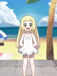  1girl :d aged_down arms_behind_back beach_towel blonde_hair chiwino cloud collarbone commentary_request day dress green_eyes happy highres knees large_variant_set lillie_(pokemon) long_hair looking_at_viewer open_mouth outdoors palm_tree pokemon pokemon_(anime) pokemon_(creature) pokemon_sm_(anime) pyukumuku sand shore short_dress sky sleeveless sleeveless_dress smile standing towel tree variant_set water white_dress 
